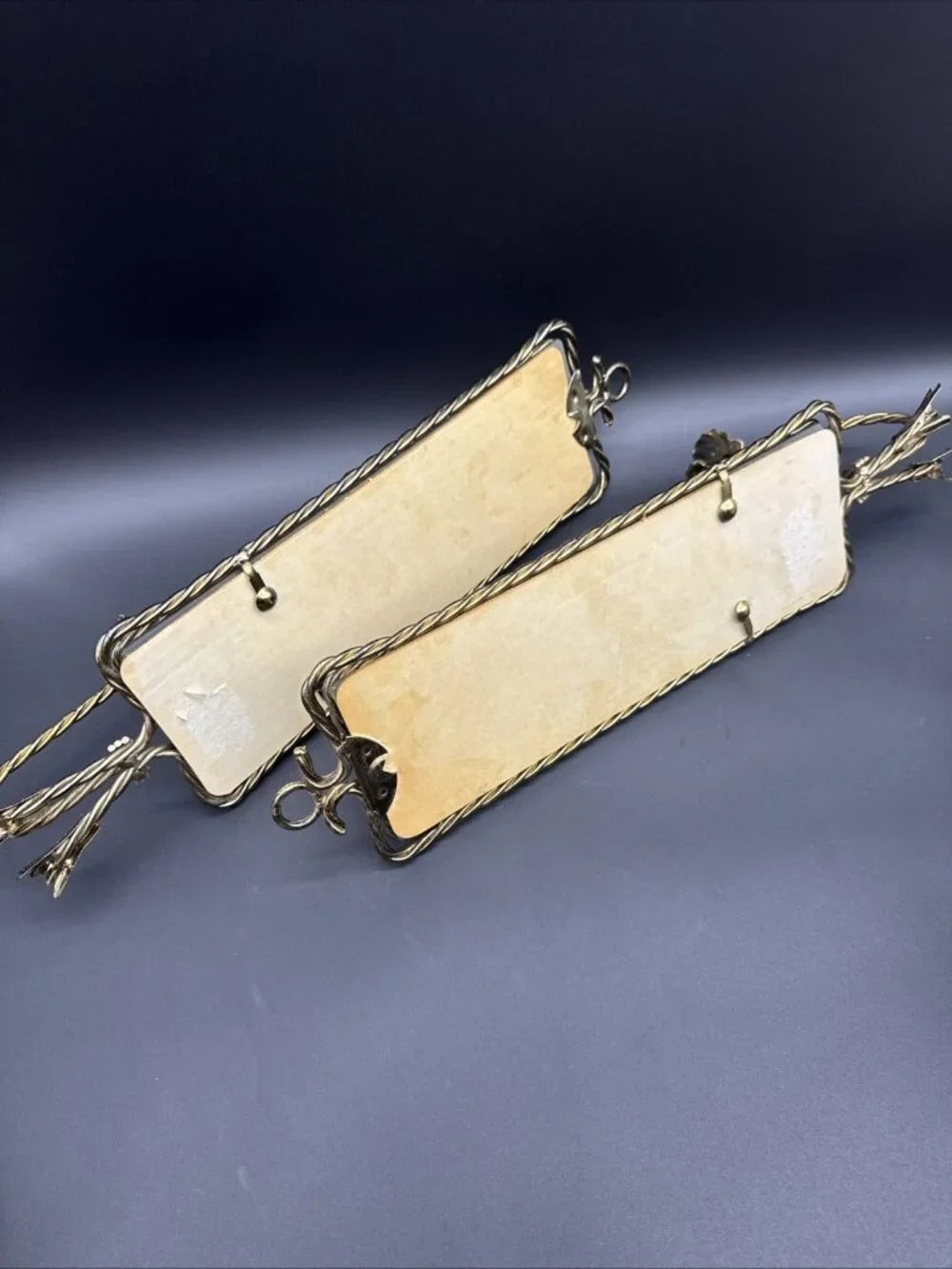 Vtg Midcentury French Gold Twisted Metal Rope Tassel Mirrored Candle Sconce Pair